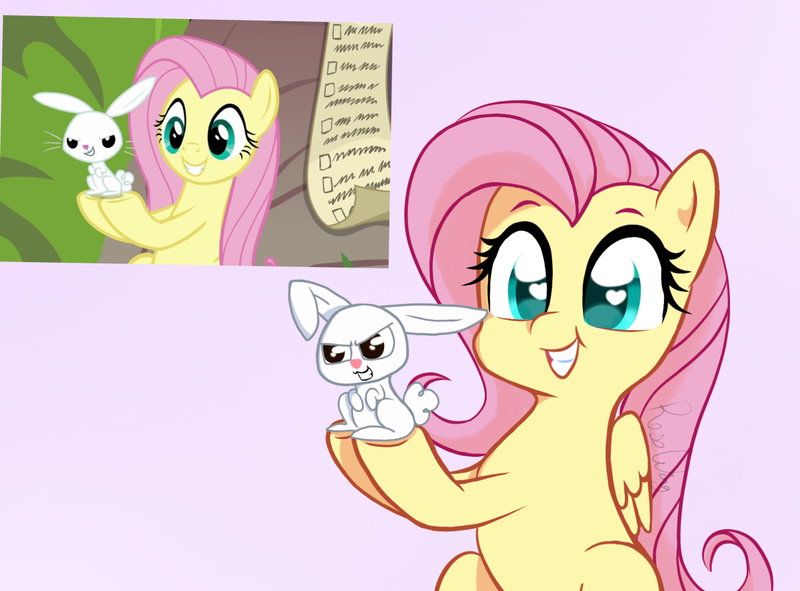 Size: 1657x1225 | Tagged: safe, artist:flutterbug18, derpibooru import, angel bunny, fluttershy, pegasus, pony, rabbit, g4, she talks to angel, animal, colored pupils, cute, duo, duo male and female, female, grin, heart, heart eyes, holding a rabbit, image, male, mare, pink background, png, scene interpretation, screencap reference, shyabetes, signature, simple background, smiling, wingding eyes