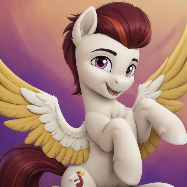 Size: 1944x1944 | Tagged: safe, ai content, derpibooru import, machine learning generated, rocky riff, pegasus, pony, g5, abstract background, image, jpeg, male, missing accessory, open mouth, solo, spread wings, stallion, wings