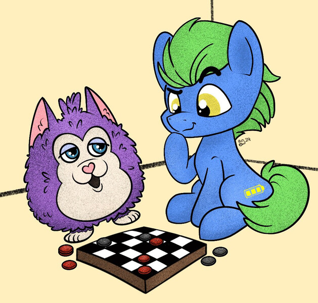 Size: 1033x986 | Tagged: safe, artist:amynewblue, derpibooru import, oc, oc:still shuffle, earth pony, pony, 2024, checkerboard, checkers, image, jpeg, looking down, male, pensive, raised hoof, signature, sitting, stallion, tail, tattletail