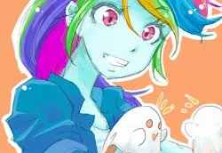 Size: 2048x1412 | Tagged: safe, artist:bonoramo, derpibooru import, rainbow dash, human, equestria girls, g4, bust, emanata, eyebrows, eyebrows visible through hair, female, grin, hand puppet, image, jpeg, orange background, outline, simple background, smiling, solo, white outline