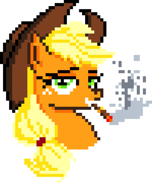 Size: 1000x1200 | Tagged: safe, artist:bizarredawdler, artist:lilou41, derpibooru import, applejack, earth pony, pony, g4, bust, cigar, digital art, dollar sign, female, hat, image, looking at you, manepxls, mare, pixel art, png, pxls.space, simple background, smoke, smoking, solo, transparent background