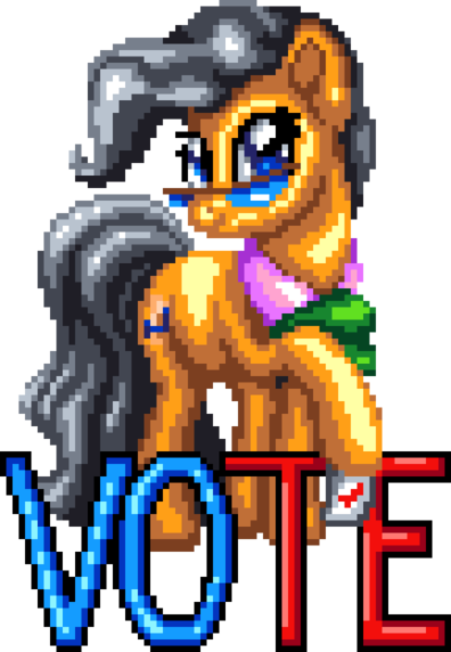 Size: 1080x1560 | Tagged: safe, artist:arcadianphoenix, artist:dasheroni, derpibooru import, mayor mare, earth pony, pony, g4, digital art, female, glasses, image, manepxls, mare, pixel art, png, pxls.space, raised hoof, simple background, smiling, solo, text, transparent background, vote