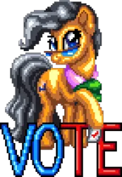 Size: 1080x1560 | Tagged: safe, artist:arcadianphoenix, artist:dasheroni, derpibooru import, mayor mare, earth pony, pony, g4, digital art, female, glasses, image, manepxls, mare, pixel art, png, pxls.space, raised hoof, simple background, smiling, solo, text, transparent background, vote