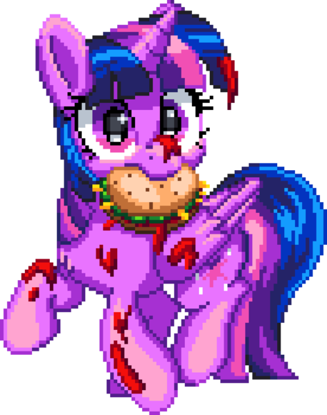 Size: 920x1170 | Tagged: safe, artist:dragonm97, artist:pabbley, derpibooru import, twilight sparkle, twilight sparkle (alicorn), alicorn, pony, g4, burger, cute, digital art, female, food, hay burger, image, looking at you, manepxls, mare, messy, messy eating, mouth hold, nom, pixel art, png, pxls.space, raised hoof, simple background, solo, that pony sure does love burgers, transparent background, twiabetes, twilight burgkle