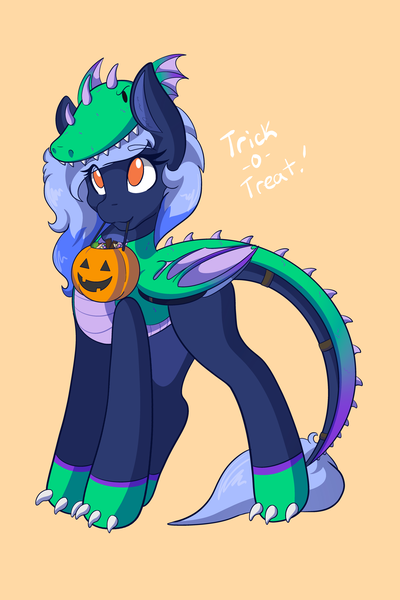 Size: 1365x2048 | Tagged: safe, artist:mscolorsplash, derpibooru import, oc, unofficial characters only, earth pony, pegasus, pony, candy, clothes, costume, dragon costume, eye clipping through hair, eyebrows, eyebrows visible through hair, female, food, halloween, holiday, image, mare, mouth hold, nightmare night costume, no pupils, orange background, png, pumpkin bucket, simple background, smiling, solo, trick or treat