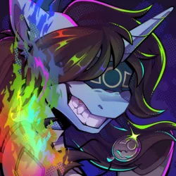 Size: 1000x1000 | Tagged: safe, artist:breloomsgarden, derpibooru import, oc, oc:shifty sights, unofficial characters only, unicorn, fanfic:iron hearts, amulet, blind, blindfold, bust, chaos, commissioner:sfaccountant, cultist, fire, grin, horn, image, jewelry, mage, magic, png, portrait, smiling, tzeentch, unicorn oc, warhammer (game), warhammer 40k