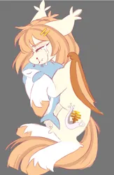 Size: 583x895 | Tagged: safe, artist:cheekipone, ponerpics import, oc, oc:honey milk, unofficial characters only, bat pony, pony, shark, bat pony oc, bat wings, blood, crying, cuddling, cuddling plushie, ear tufts, eyes closed, fangs, female, floppy ears, gray background, hairclip, image, mare, nosebleed, plushie, png, sad, shark plushie, side, simple background, solo, unshorn fetlocks, wings