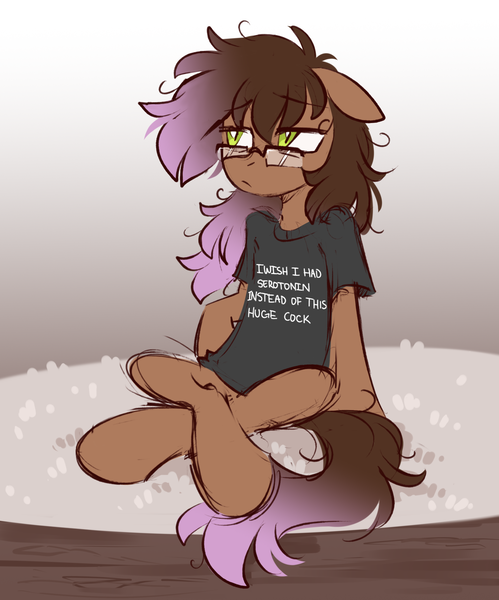 Size: 1444x1736 | Tagged: safe, artist:crimmharmony, derpibooru import, oc, oc:be sharp, unofficial characters only, earth pony, pony, clothes, colored sketch, crossed legs, earth pony oc, exhausted, floppy ears, glasses, image, looking away, male, meme shirt, png, shirt, simple background, sitting, sketch, solo, stallion, t-shirt, text on clothing, tired