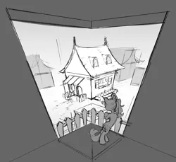 Size: 3092x2836 | Tagged: safe, artist:crimmharmony, derpibooru import, pony, black and white, duo, fence, grayscale, house, image, minimalist, modern art, monochrome, perspective, png, simple background, sketch, study, waving