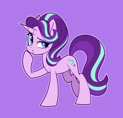 Size: 2400x2295 | Tagged: safe, artist:crimmharmony, derpibooru import, starlight glimmer, pony, unicorn, g4, eyeshadow, female, horn, image, looking away, makeup, minimalist, modern art, png, purple background, raised hoof, simple background, smiling, solo