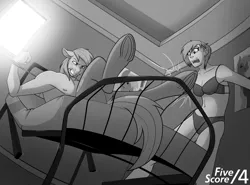 Size: 1280x946 | Tagged: safe, artist:acesential, big macintosh, fanfic:five score divided by four, bed, grayscale, image, monochrome, png, transformation