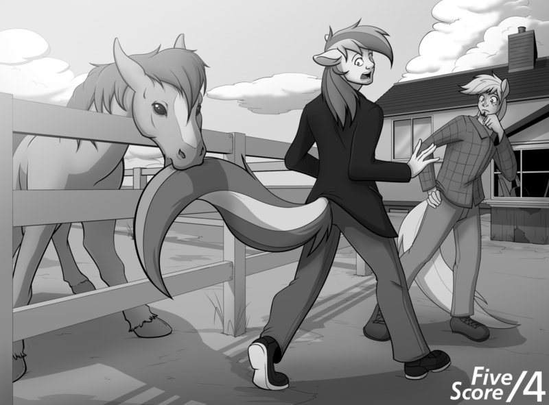 Size: 1280x946 | Tagged: safe, artist:acesential, big macintosh, rainbow dash, horse, human, fanfic:five score divided by four, grayscale, image, monochrome, png