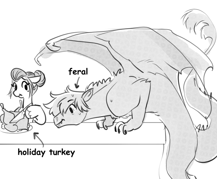 Size: 3000x2477 | Tagged: safe, artist:opalacorn, derpibooru import, oc, oc:void, bird, dragon, pegasus, pony, turkey, black and white, dragon oc, drool, duo, duo male and female, female, feral, food, grayscale, holiday, hoof hold, image, jpeg, knife, magnetic hooves, male, mare, meat, mole, monochrome, non-pony oc, ponies eating meat, simple background, text, thanksgiving, white background