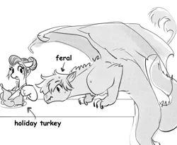 Size: 3000x2477 | Tagged: safe, artist:opalacorn, derpibooru import, oc, oc:void, bird, dragon, pegasus, pony, turkey, black and white, dragon oc, drool, duo, duo male and female, female, feral, food, grayscale, holiday, hoof hold, image, jpeg, knife, magnetic hooves, male, mare, meat, mole, monochrome, non-pony oc, ponies eating meat, simple background, text, thanksgiving, white background