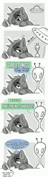 Size: 1115x4096 | Tagged: safe, artist:opalacorn, derpibooru import, oc, oc:silver stream, unofficial characters only, alicorn, alien, pony, zebra, zebra alicorn, black and white, comic, duo, flying saucer, grayscale, hoof hold, image, jpeg, male, mobile phone, monochrome, partial color, phone, simple background, smartphone, stallion, white background