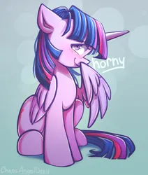 Size: 1052x1240 | Tagged: safe, alternate version, artist:chaosangeldesu, derpibooru import, twilight sparkle, alicorn, pony, blush lines, blushing, cute, horny, image, jpeg, looking at you, profile, sitting, smiling, smiling at you, solo, starry eyes, text, wingding eyes, wings