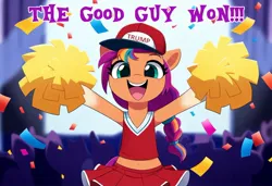 Size: 1080x739 | Tagged: safe, ai content, derpibooru import, machine learning generated, sunny starscout, earth pony, g5, belly button, braided ponytail, cheerleader, cheerleader outfit, clothes, coat markings, confetti, hair tie, happy, image, jpeg, maga hat, make america great again, mane stripe sunny, midriff, open smile, politics, pom pom, skirt, solo