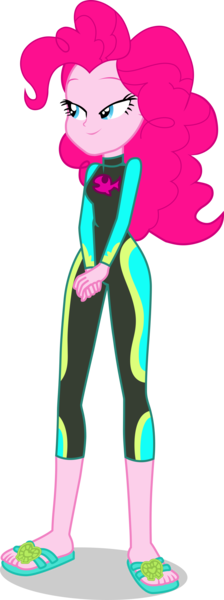 Size: 1280x3424 | Tagged: safe, alternate version, artist:dustinwatsongkx, derpibooru import, pinkie pie, human, equestria girls, g4, clothes swap, curly hair, feet, female, flip-flops, fluttershy's wetsuit, image, png, sandals, simple background, solo, swimsuit swap, transparent background, wetsuit