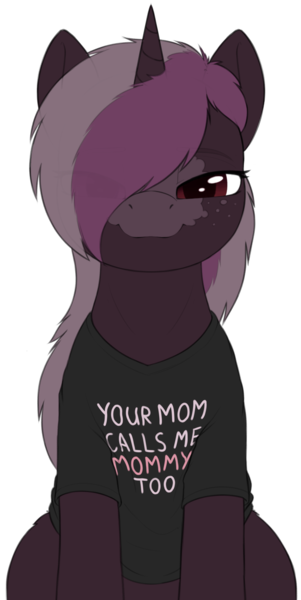 Size: 2072x4130 | Tagged: safe, artist:zippysqrl, derpibooru import, oc, oc:luxuria purpura, unofficial characters only, unicorn, clothes, female, freckles, horn, image, looking at you, mommy kink, png, shirt, simple background, smiling, smiling at you, smug, solo, transparent background, unicorn oc