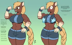 Size: 3224x2024 | Tagged: suggestive, artist:duragan, derpibooru import, oc, oc:sila, anthro, horse, them's fightin' herds, belly button, big breasts, blushing, braided ponytail, braided tail, breast grab, breasts, busty oc, clothes, community related, compliment, context is for the weak, disembodied hand, embarrassed, female, flexing, frown, gradient background, green background, grope, gym uniform, hand, hand on hip, image, midriff, mistake, misunderstanding, muscles, muscular female, panties, png, sexy, shocked expression, shrunken pupils, signature, simple background, smiling, sweat, sweatdrop, talking, text, tfh oc, thong, trembling, underwear, vein