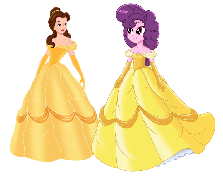 Size: 2869x2260 | Tagged: safe, artist:rainshadow, derpibooru import, sugar belle, human, equestria girls, g4, beauty and the beast, clothes, disney princess, dress, duo, duo female, equestria girls-ified, female, gown, image, png, princess belle, simple background, transparent background