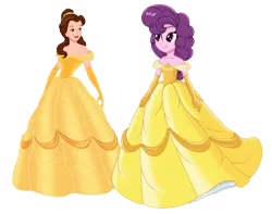 Size: 2869x2260 | Tagged: safe, artist:rainshadow, derpibooru import, sugar belle, human, equestria girls, g4, beauty and the beast, clothes, disney princess, dress, duo, duo female, equestria girls-ified, female, gown, image, png, princess belle, simple background, transparent background