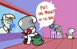 Size: 999x643 | Tagged: safe, artist:paperbagpony, derpibooru import, oc, oc:paper bag, oc:ryoku memori, alicorn, earth pony, pegasus, unicorn, bag, bank, chibi, clothes, comedy, comic, funny, hair, hooves, horn, image, meme, necktie, png, smiley face, smiling, sock, socks, spongebob squarepants, spoon, tail, text