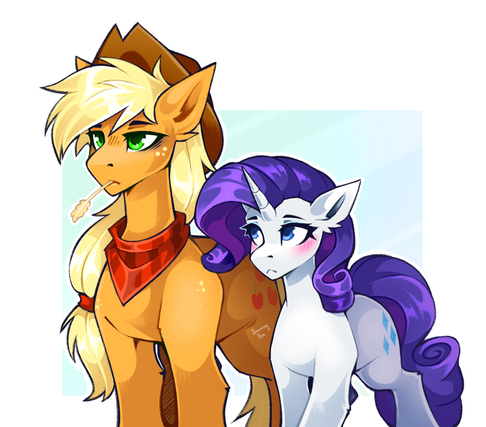 Size: 3000x2634 | Tagged: safe, artist:buvanybu, derpibooru import, applejack, rarity, applejack's hat, blushing, clothes, cowboy hat, cutie mark, female, gradient background, hat, image, lesbian, png, rarijack, scarf, shipping, simple background, size difference, straw in mouth, white background