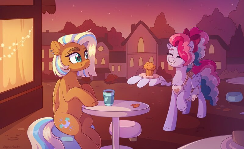 Size: 2048x1255 | Tagged: safe, artist:skysorbett, derpibooru import, oc, oc:pair ghertz, oc:sky sorbet, unofficial characters only, pegasus, pony, autumn, building, cafe, duo, duo female, evening, eyes closed, female, folded wings, food, house, image, jpeg, mare, muffin, outdoors, pegasus oc, sitting, smiling, street, table, wing hold, wings