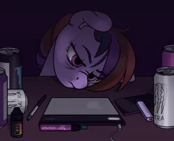 Size: 1280x1040 | Tagged: safe, artist:xwosya, derpibooru import, oc, oc:xwosya, pony, airpods, bags under eyes, bust, depressed, depression, desk, drawing, drawing tablet, drink, earbuds, energy drink, female, floppy ears, image, jpeg, monster energy, phone, portrait, simple background, stylus, tired, vape, wacom