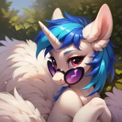 Size: 1024x1024 | Tagged: safe, ai content, derpibooru import, machine learning generated, stable diffusion, vinyl scratch, pony, unicorn, g4, generator:pony diffusion v6 xl, glasses, horn, image, outdoors, png, prompter:teonanakatle, solo