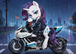 Size: 3744x2664 | Tagged: safe, ai content, derpibooru import, machine learning generated, prompter:bluetoothworld, rarity, pony, unicorn, g4, city, clothes, female, helmet, horn, image, jacket, jpeg, leather, leather jacket, looking at you, mare, motorcycle, night, outdoors, rain, road, smiling, solo