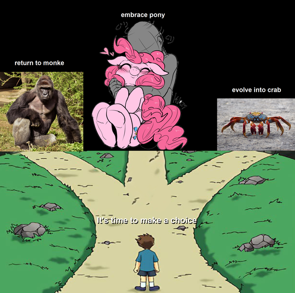 Size: 2136x2120 | Tagged: safe, artist:nekubi, derpibooru import, editor:fluttershyisnot adoormat, pinkie pie, crab, earth pony, human, monkey, choice, crossroads, evolution, grass, harambe, image, meme, png, road