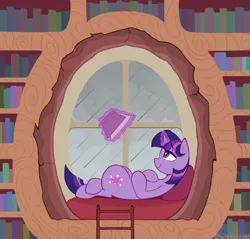 Size: 1480x1416 | Tagged: safe, artist:waffletheheadmare, derpibooru import, twilight sparkle, unicorn, book, bookshelf, horn, image, ladder, library, magic, oak tree, pillow, png, rain, reading, smiling, tree, window