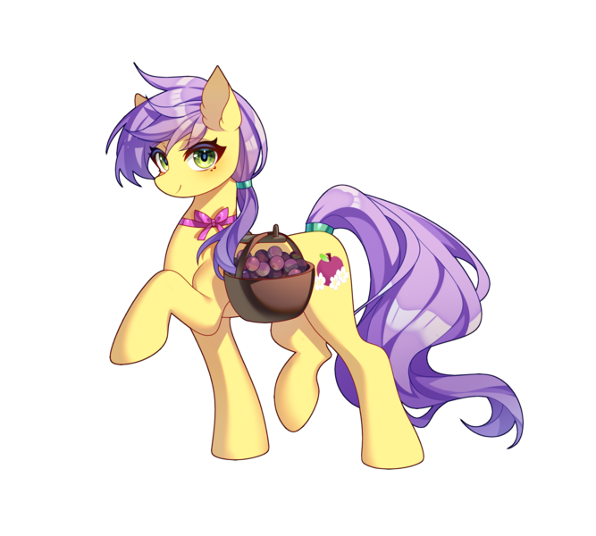 Size: 1901x1711 | Tagged: safe, artist:alus, derpibooru import, oc, oc:plum blossoms, unofficial characters only, earth pony, pony, basket, earth pony oc, female, image, looking at you, mane tie, mare, neck bow, plum, png, raised hoof, simple background, smiling, solo, tail tie, transparent background