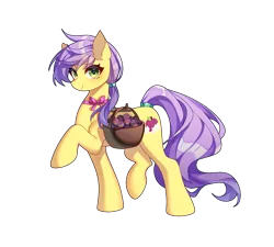 Size: 1901x1711 | Tagged: safe, artist:alus, derpibooru import, oc, oc:plum blossoms, unofficial characters only, earth pony, pony, basket, earth pony oc, female, image, looking at you, mane tie, mare, neck bow, plum, png, raised hoof, simple background, smiling, solo, tail tie, transparent background