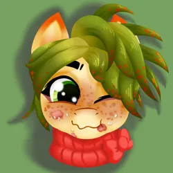 Size: 4000x4000 | Tagged: safe, artist:mosssong, derpibooru import, oc, oc:kimchi, unofficial characters only, earth pony, pony, bow, bust, clothes, eating, food, freckles, green background, green eyes, green mane, image, lineless, male, messy eating, one eye closed, png, portrait, rice, sauce, simple background, smiling, solo, speckled, spots, stallion, sweater, tomato sauce, turtleneck, wink, yellow fur