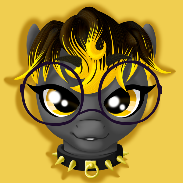 Size: 4000x4000 | Tagged: safe, artist:mosssong, derpibooru import, oc, oc:durpy, unofficial characters only, pegasus, pony, :3, airplane ears, black and yellow mane, bust, collar, dark grey fur, femboy, glasses, grey fur, image, lineless, looking at you, male, png, portrait, round glasses, short mane, simple background, solo, spiked collar, stallion, yellow background, yellow eyes