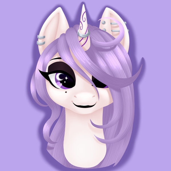 Size: 4000x4000 | Tagged: safe, artist:mosssong, derpibooru import, oc, oc:queen lexi, unofficial characters only, alicorn, pony, beauty mark, black eyeshadow, black lipstick, bust, ear piercing, eyeshadow, female, horn, horn ring, image, jewelry, lavender mane, lineless, lipstick, makeup, mare, piercing, png, portrait, purple background, purple eyes, purple mane, ring, simple background, smiling, solo, white fur