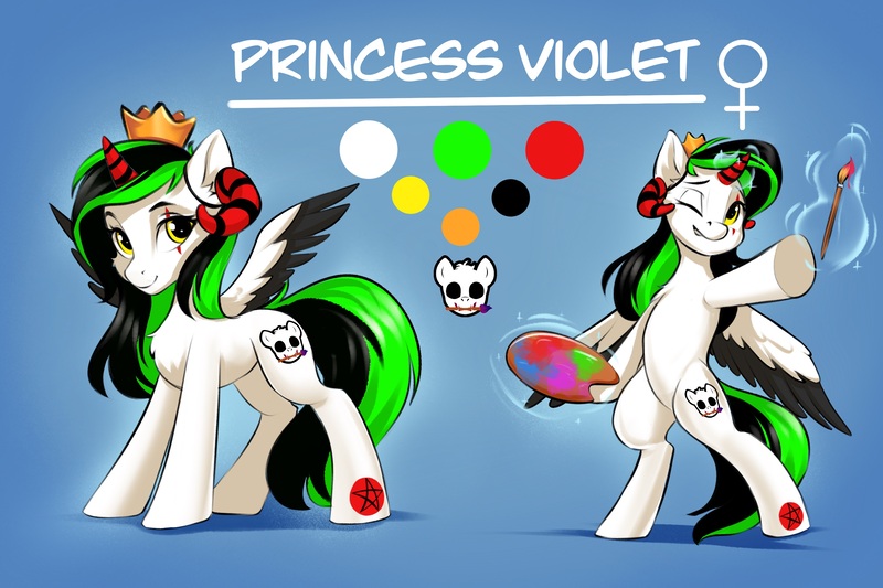 Size: 3000x2000 | Tagged: safe, artist:kittytitikitty, derpibooru import, oc, oc:princess violet, alicorn, pony, bipedal, female, image, jpeg, mare, paint, paintbrush, reference sheet