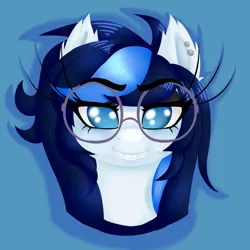 Size: 4000x4000 | Tagged: safe, artist:mosssong, derpibooru import, oc, oc:misty days, unofficial characters only, pony, blue background, blue mane, bucktooth, bust, chubby cheeks, demiphant, ear fluff, ear piercing, fluffy mane, glasses, image, lineless, long eyelashes, no pupils, piercing, png, portrait, round glasses, simple background, solo, white fur