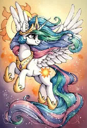 Size: 1248x1824 | Tagged: safe, ai content, derpibooru import, machine learning generated, stable diffusion, princess celestia, alicorn, pony, g4, abstract background, crown, derpibooru exclusive, ear fluff, female, flying, generator:pony diffusion v6 xl, image, jewelry, jpeg, mare, peytral, prompter:siber, regalia, smiling, solo, spread wings, wind, windswept mane, wings