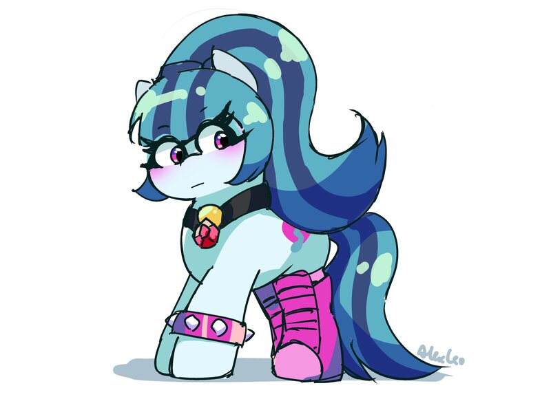 Size: 2048x1525 | Tagged: safe, artist:leo19969525, derpibooru import, sonata dusk, earth pony, pony, g4, :|, boots, bracelet, clothes, cute, female, gem, image, jpeg, mare, ponytail, shoes, simple background, siren gem, solo, sonatabetes, spiked wristband, white background, wristband