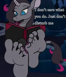 Size: 426x500 | Tagged: suggestive, artist:zeekthatgeek, derpibooru import, oleander (tfh), anthro, unicorn, them's fightin' herds, community related, feet, female, fetish, foot fetish, foot focus, horn, image, jpeg, reading, soles, teasing, text, toes