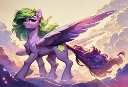 Size: 3648x2496 | Tagged: safe, ai content, derpibooru import, machine learning generated, prompter:runehoof, stable diffusion, pegasus, pony, female, green hair, image, jpeg, mare, purple fur, sky, sunrise