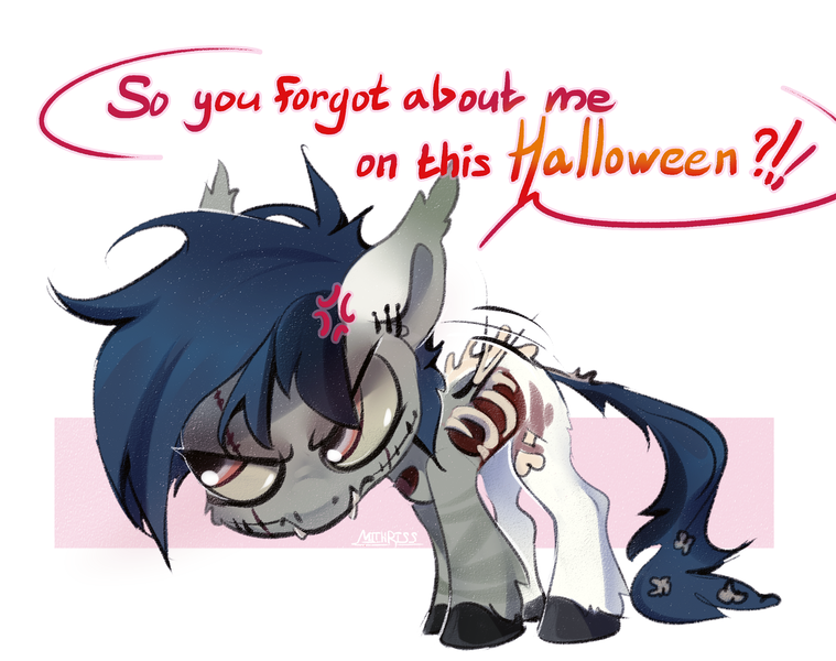 Size: 3000x2373 | Tagged: safe, artist:mithriss, derpibooru import, oc, oc:inju, unofficial characters only, pegasus, pony, undead, zombie, zombie pony, bone, displeased, evil, fangs, image, male, png, simple background, solo, stallion, stitches, text