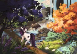 Size: 1700x1200 | Tagged: safe, artist:mrmark, derpibooru import, oc, oc:aura, unofficial characters only, unicorn, bush, cloud, commission, day, flower, grass, horn, image, jpeg, log, male, nature, outdoors, solo, stroll, tree, walking, water, waterfall