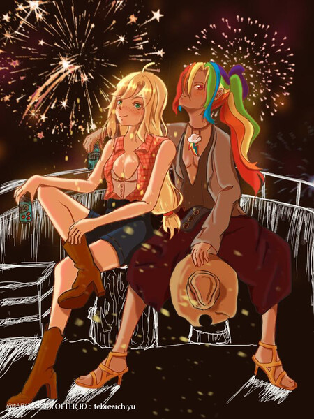 Size: 750x1000 | Tagged: source needed, safe, artist:tebieaichiyu, derpibooru import, applejack, rainbow dash, human, g4, absolute cleavage, applejack's hat, boots, breasts, cleavage, clothes, cowboy hat, cutie mark accessory, cutie mark necklace, duo, female, fireworks, freckles, hat, high heels, humanized, image, jewelry, jpeg, necklace, ponytail, shoes