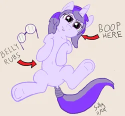 Size: 4336x4032 | Tagged: safe, artist:mellow91, artist:sollace, color edit, derpibooru import, edit, oc, oc:glass sight, pony, unicorn, arrow, bellyrubs, boop, colored, cute, derpibooru exclusive, featureless crotch, female, frog (hoof), glasses, horn, image, looking at you, lying down, mare, on back, png, simple background, smiling, smirk, solo, solo female, tail, tail wrap, underhoof