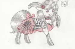 Size: 4689x3119 | Tagged: safe, artist:dojero, derpibooru import, oc, oc:aura, unofficial characters only, unicorn, 2019, absurd file size, absurd resolution, bow, braid, choker, clothes, colored sketch, commission, crossdressing, dress, feather, feather in hair, femboy, horn, image, limited palette, male, pencil drawing, png, saloon dress, sketch, socks, solo, tail, tail bow, traditional art